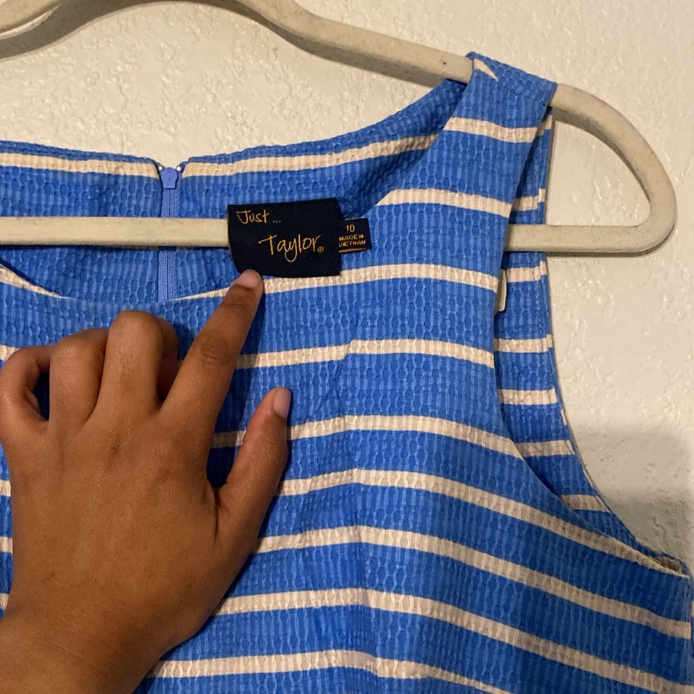 Taylor (Anthropology) Textured Pleated Striped Blue & White Fit & Flare  dress - Picture 4 of 7